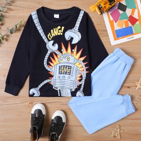2-piece Kid Boy Robot Letter Print Sweatshirt and Blue Sweatpants Pants Set