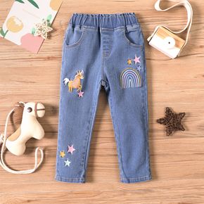 Toddler Girl Unicorn Rainbow Stars Embroidered Elasticized Denim Jeans