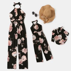All Over Floral Print Black Halter Neck Sleeveless Belted Jumpsuit for Mom and Me