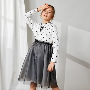Kid Girl Heart Print Ruffle Collar Bowknot Design Mesh Splice Long-sleeve Dress