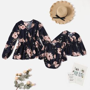 All Over Floral Print Cross Wrap V Neck Long-sleeve Blouse Tops for Mom and Me