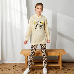 2-piece Kid Girl Letter Cat Print Ear Design Hoodie Sweatshirt and Leopard Print Pants Set