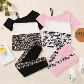 2-piece Kid Girl Camouflage/Leopard Print Colorblock One Shoulder Strap Tee and Elasticized Pants Set