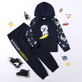 2-piece Kid Boy Space Rocket Dinosaur Print Hoodie Sweatshirt and Letter Print Pants Set