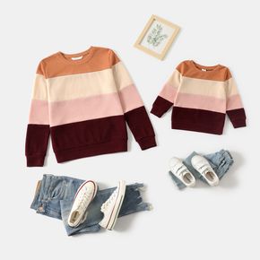 Color Block Ribbed Round Neck Long-sleeve Pullover for Mom and Me