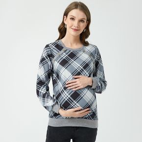 Maternity Button Decor Grid Print Sweatshirt