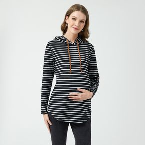 Maternity Curved Hem Patchwork Long-sleeve Drawstring Hooded Sweatshirt