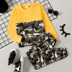 2-piece Kid Boy Camouflage Print Colorblock Sweatshirt and Pants Casual Set
