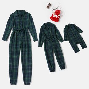 Dark Green Plaid Lapel Button Down Belted Long-sleeve Shirt Jumpsuit for Mom and Me
