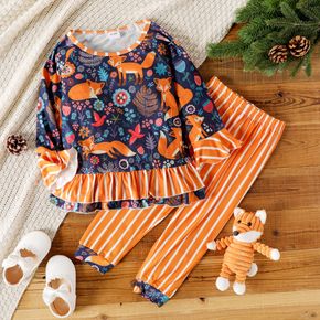 2-piece Toddler Girl Animal Fox Floral Print Striped Bell sleeves Top and Pants Set
