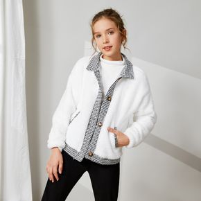 Kid Girl Plaid Tweed Lapel Collar Button Design Fuzzy Fleece Jacket