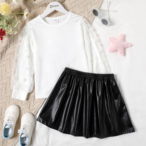2-piece Kid Girl Polka dots Mesh Design Long-sleeve White Top and PU Faux Leather Skirt Set
