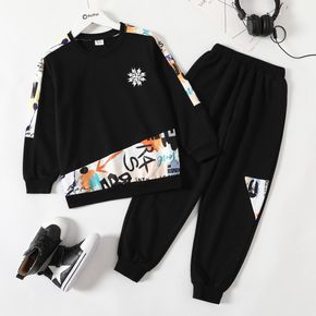 2-piece Kid Boy Letter Print Black Pullover Sweatshirt and Elasticized Pants Casual Set