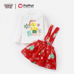 Looney Tunes 2-piece Toddler Girl Christmas Ruffled Collar Top and Allover Overalls Dress