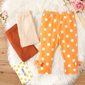 Baby Girl Solid/Dots Bowknot Decor Ribbed Leggings Pants
