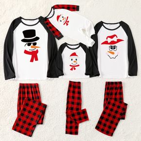 Christmas Cartoon Snowman Print Family Matching Raglan Long-sleeve Red Plaid Pajamas Sets