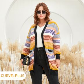 Women Plus Size Vacation Colorful Striped Open Front Coat