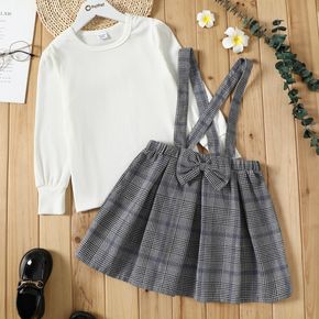 2-piece Kid Girl Long-sleeve White Ribbed Top and Plaid Suspender Skirt Set