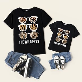 Leopard Sunglasses and Letter Print Black Cotton Short-sleeve T-shirts for Mom and Me