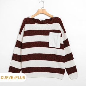 Women Plus Size Casual Stripe Pocket Design Sweater