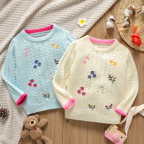 Toddler Girl Floral Embroidered Cable Knit Sweater