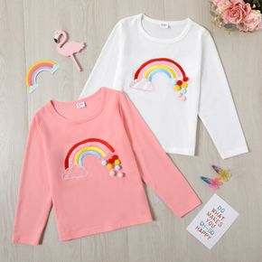 Kid Girl Rainbow Embroidered Pompom Design Long-sleeve Tee