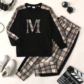 2-piece Kid Girl Letter Print Plaid Colorblock Pullover Sweatshirt and Pants Casual Set