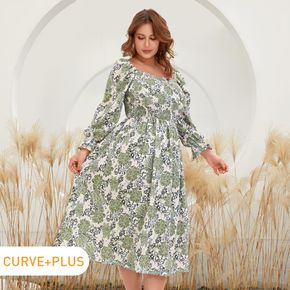Women Plus Size Vacation Floral Print Square Neck Smocked Long-sleeve Dress