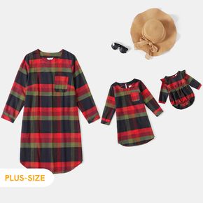 Multi-color Plaid Round Neck Long-sleeve Loose Fit Dress for Mom and Me