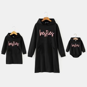 Letter Print Black Long-sleeve Hoodie Dress for Mom and Me