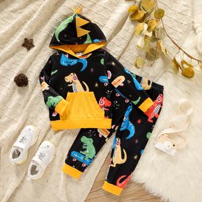 2-piece Toddler Boy Dinosaur Print Spike Pocket Design Hoodie Sweatshirt and Pants Set