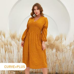Women Plus Size Elegant V Neck Polka dots Long-sleeve Dress