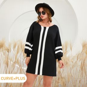 Women Plus Size Casual Striped Batwing Sleeve Sweater Dress