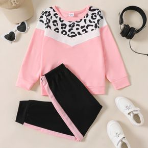2-piece Kid Girl Leopard Print Colorblock Pullover Sweatshirt and Elasticized Pants Set