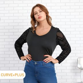 Frauen plus Größe sexy V-Ausschnitt Mesh-Langarm-T-Shirt