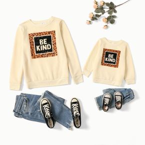 Fleece Lined Leopard Letter Print Apricot Long-sleeve Sweatshirts for Mom and Me