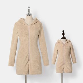 Casual Beige Solid Thickened Fleece Long-sleeve Hooded Romper Shorts for Mom and Me