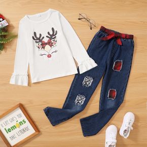 2-piece Kid Girl Christmas Deer Print Layered Sleeve White Top and Patchwork Ripped Denim Pants Jeans Set