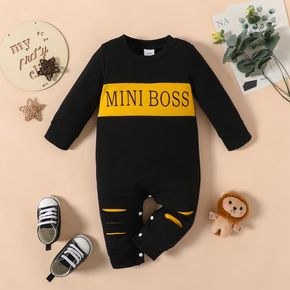 Baby Boy Letter Print Black Long-sleeve Ripped Jumpsuit