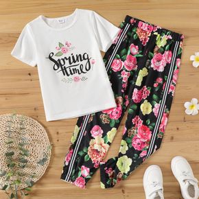 2-piece Kid Girl Letter Floral Print White Tee and Elasticized Striped Pants Set