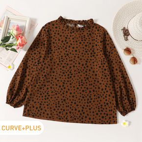 Women Plus Size Elegant Frill Collar Leopard Print Long-sleeve Blouse