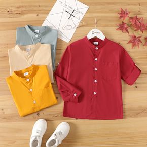 Kid Boy 100% Cotton Mandarin Collar Button Design Long-sleeve Solid Color Shirt