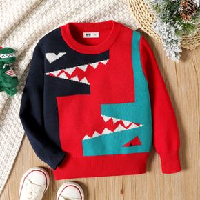 Dinosaur Print Color Block Long-sleeve Red Toddler Sweater Top
