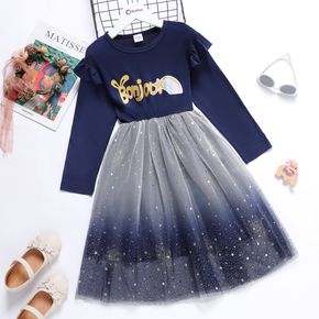 Kid Girl Letter Print Ruffled Glitter Design Gradient Color Mesh Long-sleeve Dress