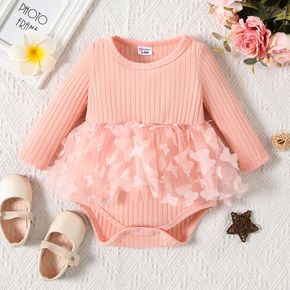 Baby Girl Pink Ribbed Long-sleeve Splicing 3D Butterfly Appliques Mesh Romper