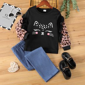 2-piece Kid Girl Cat Leopard Print Ruffled Fuzzy Sweatshirt and Denim Jeans Set