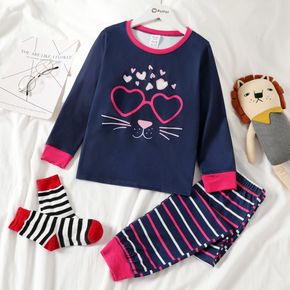 2-piece Kid Girl Heart Cat Print Long-sleeve Top and Stripe Pants Pajamas Set