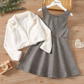 2-piece Kid Girl Houndstooth Sleeveless Dress and Cute Rabbit Carrot Embroidered Fuzzy Cardigan Jacket Set