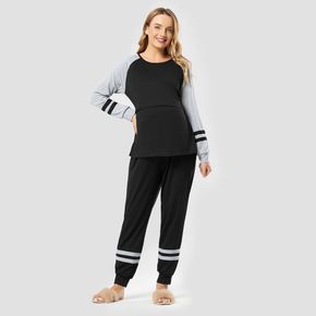 Maternity Two Tone Striped Tape Long-sleeve Tee and Pants Pajamas Lounge Set