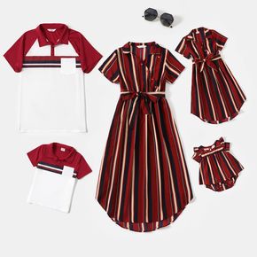 Family Matching Dark Red Striped Short-sleeve Belted Midi Dresses and Splicing Polo Shirts Sets